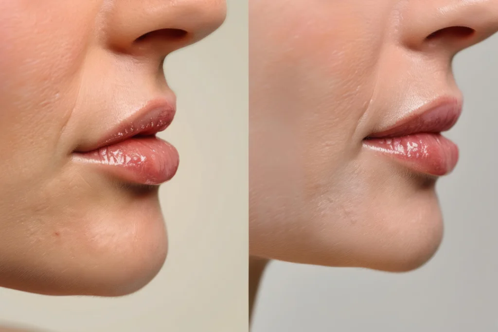 A side-by-side comparison of lips before and after Juvederm lip filler treatment.