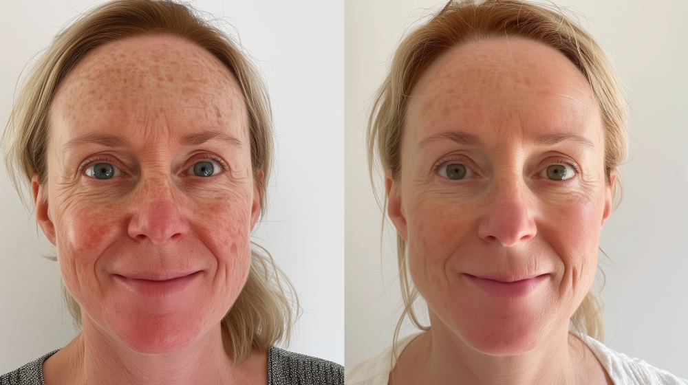 Before and after microneedling for sun-damaged skin.