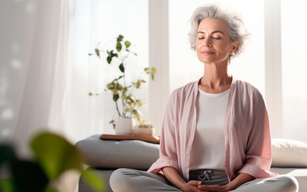 Woman meditating calmly, promoting peptide therapy benefits