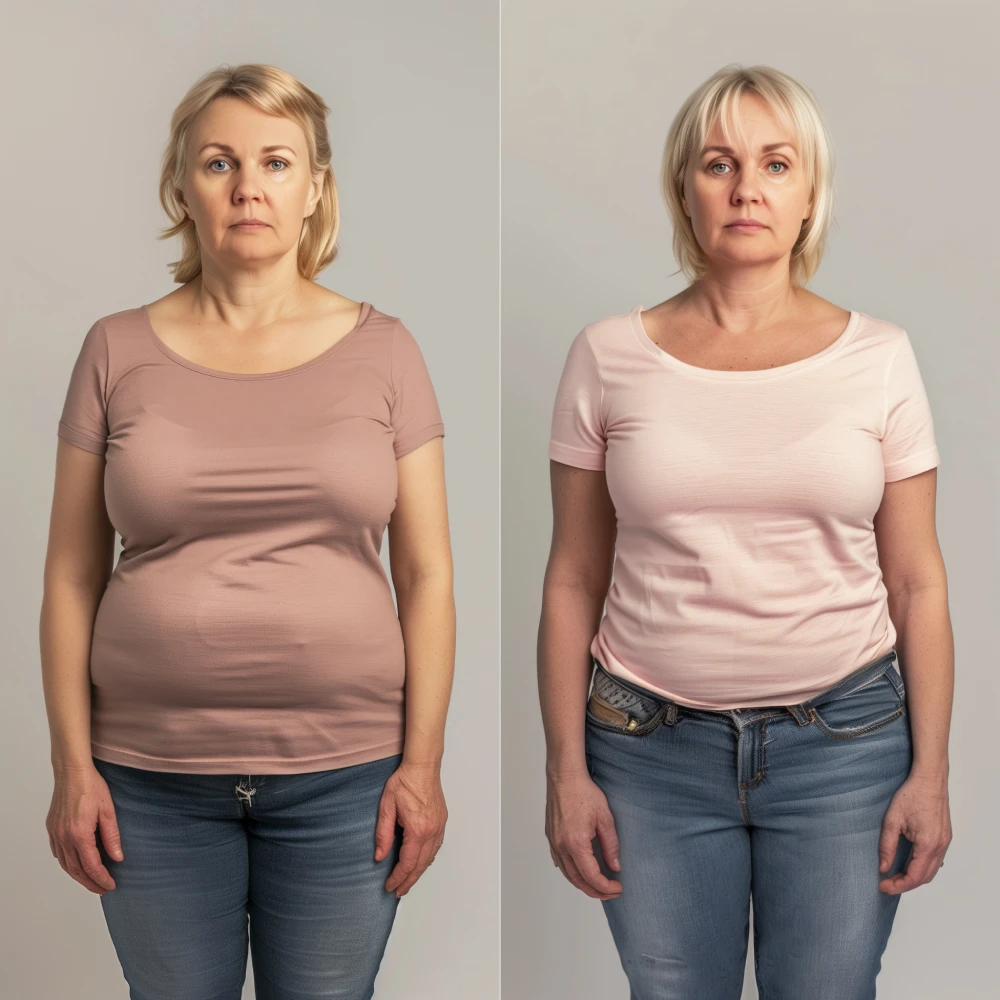 Before and after medical weight loss results on a middle-aged woman.