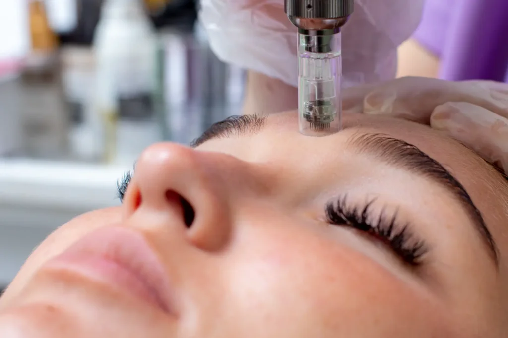 Close-up of a microneedling device applied to a person's forehead during a facial procedure.
