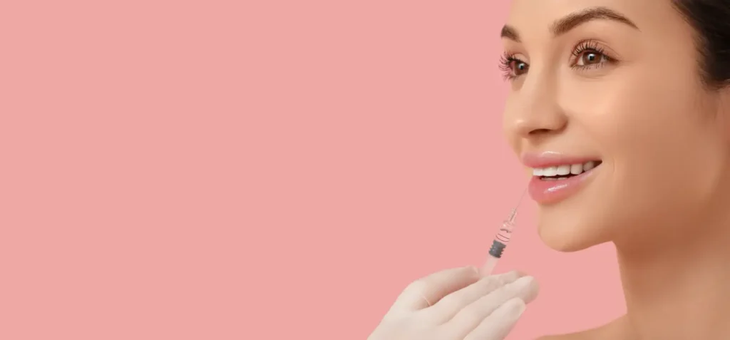 Gloved hand holds a syringe near a woman's chin against a pink background.