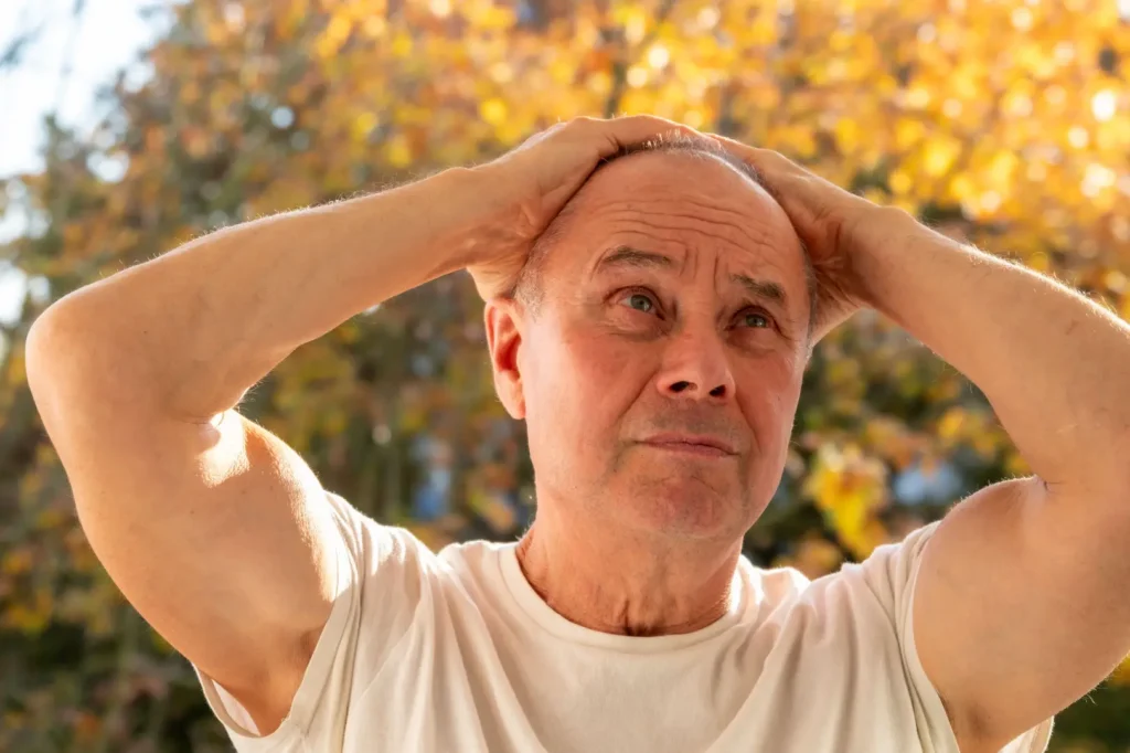 Older man in a white shirt holds both hands on his head while standing outdoors.